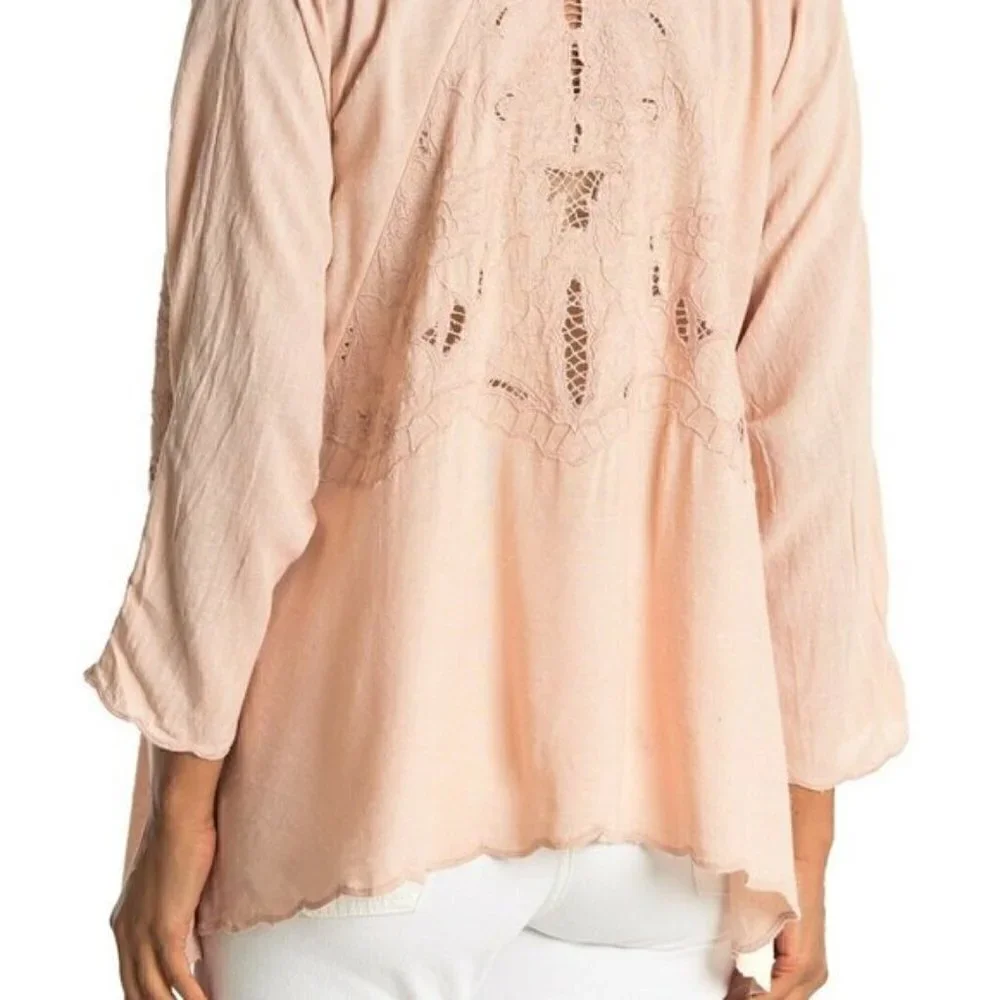 New Free People Cool Nights Crochet Conch Pink Cardigan Short Duster Kimono Sz S